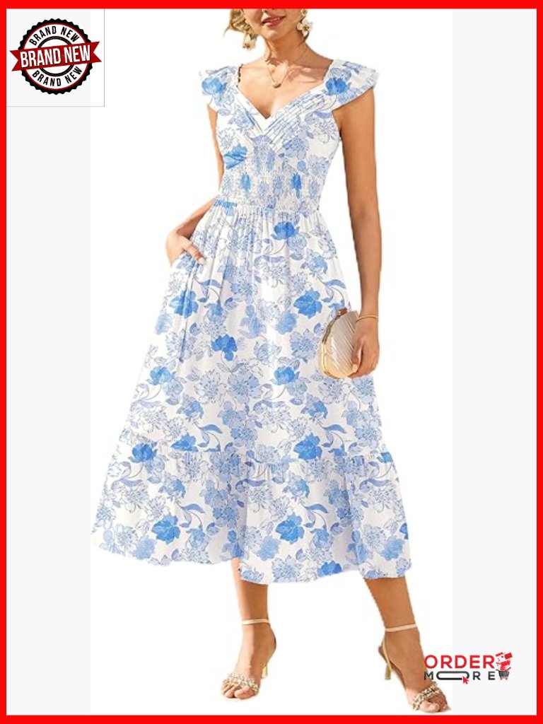 Women's Floral Maxi Dress Ruffle Sleeve Smocked Sundress With Pockets
